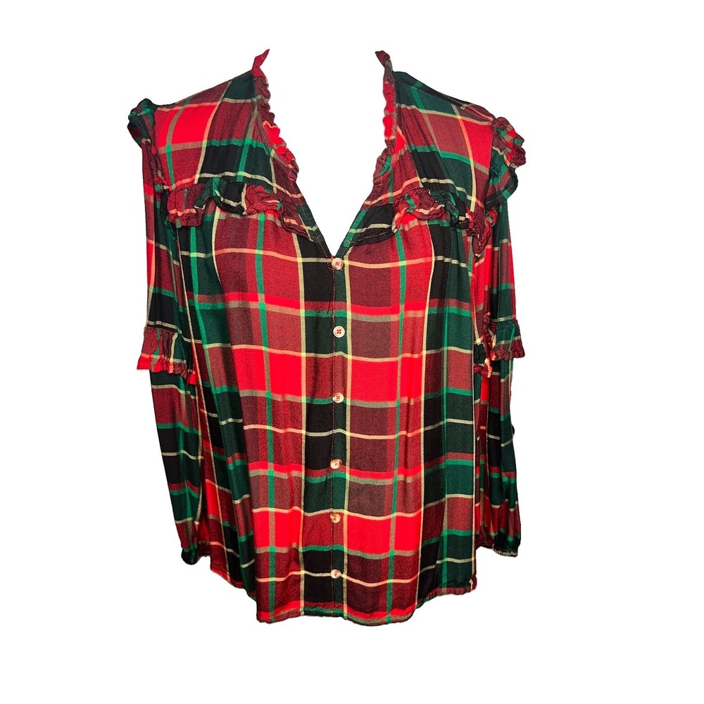 Cato Fashions festive red  green tartan plaid ruffle puff button front blouse XL